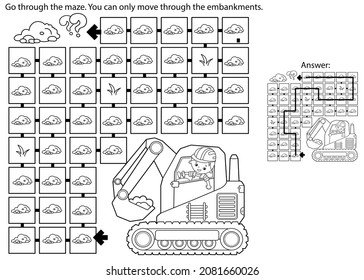 Juego de laberinto o laberinto. Rompecabezas. Esbozo de página de color de la excavadora de rastreo de dibujos animados. Vehículos de construcción. Profesión. Libro de colorear para niños.