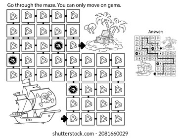 Juego de laberinto o laberinto. Rompecabezas. Esbozo de la página de Colores del barco pirata de dibujos animados con isla del tesoro. Libro de colorear para niños.