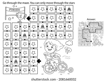 Maze or Labyrinth Game. Puzzle. Coloring Page Outline Of cartoon girl on bicycle or bike. Sport activity. Coloring book for kids.