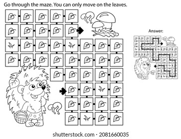 Juego de laberinto o laberinto. Rompecabezas. Esbozo de la página de color del pequeño erizo de dibujos animados con cesta de champiñones. Libro de colorear para niños.