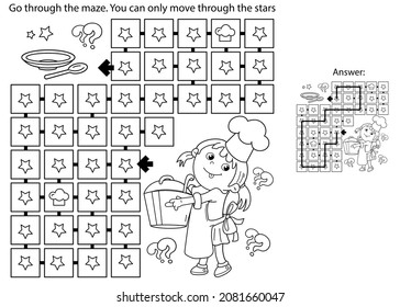 Juego de laberinto o laberinto. Rompecabezas. Esbozo de la página de Colores de una chica de dibujos animados chef con una gran olla. Poco cocinero o escullión. Profesión. Libro de colorear para niños.