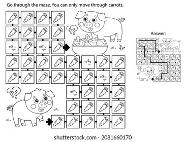 Maze or Labyrinth Game. Puzzle. Coloring Page Outline Of cartoon pig or swine with little piglet. Farm animals with their cubs. Coloring book for kids.