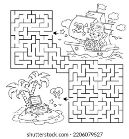 Maze or Labyrinth Game. Puzzle. Coloring Page Outline Of Cartoon pirate on pirate ship or sailboat with black sails. Island of treasure. Coloring Book for kids.