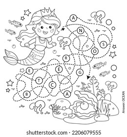 Maze or Labyrinth Game. Puzzle. Coloring Page Outline Of cartoon beautiful little mermaid. Marine princess. Underwater world. Coloring book for kids.