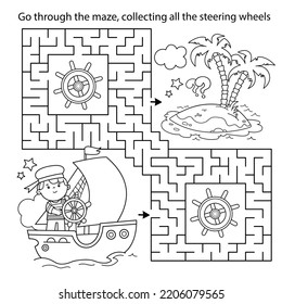 Maze or Labyrinth Game. Puzzle. Coloring Page Outline Of cartoon sail ship with sailor. Sea travelling. Coloring book for kids. 