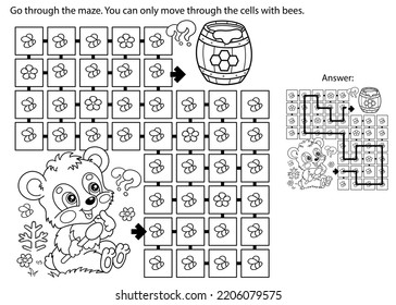 Maze or Labyrinth Game. Puzzle. Coloring Page Outline Of cartoon little bear cub with barrel of honey. Coloring book for kids.