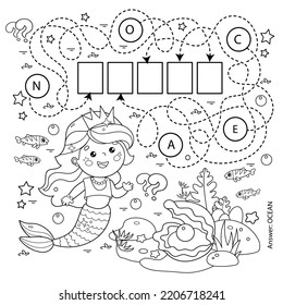 Maze or Labyrinth Game. Puzzle. Coloring Page Outline Of cartoon beautiful little mermaid. Marine princess. Underwater world. Coloring book for kids.