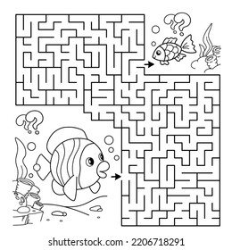 Maze oder Labyrinth Game. Rätsel. Farbige Seite mit Karikaturenfischen. Unterwasserwelt. Farbbuch für Kinder.