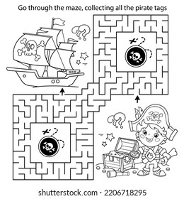 Maze or Labyrinth Game. Puzzle. Coloring Page Outline Of Cartoon pirate with chest of treasure. Pirate ship. Coloring Book for kids.
