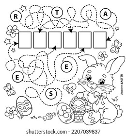 Juego de laberinto o laberinto. Rompecabezas. Esbozo de la página de Colores de la caricatura lindo conejito de Pascua con huevos y dulces. Libro de Colores para niños.