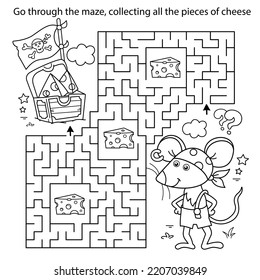 Maze or Labyrinth Game. Puzzle. Coloring Page Outline Of Cartoon little pirate mouse with chest of treasure. Cheese trove. Coloring Book for kids.