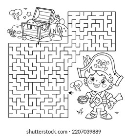 Maze or Labyrinth Game. Puzzle. Coloring Page Outline Of cartoon little pirate with treasure chest. Coloring book for kids.