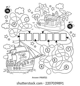 Maze or Labyrinth Game. Puzzle. Coloring Page Outline Of cartoon pirate ship with treasure island. Coloring book for kids.