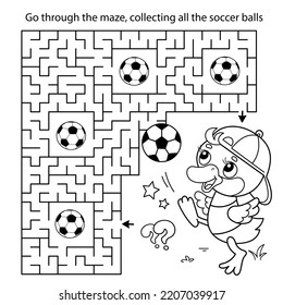 Maze or Labyrinth Game. Puzzle. Coloring Page Outline Of cartoon duck or duckling with soccer ball. Football. Sport. Coloring book for kids.