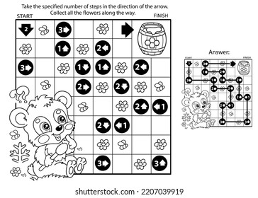 Maze or Labyrinth Game. Puzzle. Coloring Page Outline Of cartoon little bear cub with barrel of honey. Coloring book for kids.