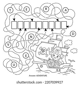 Maze or Labyrinth Game. Puzzle. Coloring Page Outline Of Cartoon pirate on pirate ship or sailboat with black sails. Island of treasure. Coloring Book for kids.