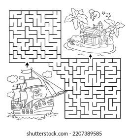 Maze or Labyrinth Game. Puzzle. Coloring Page Outline Of cartoon pirate ship with treasure island. Coloring book for kids.