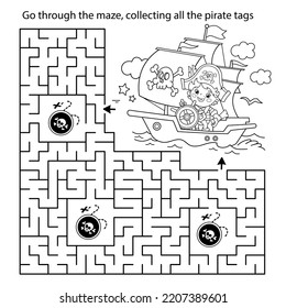 Maze or Labyrinth Game. Puzzle. Coloring Page Outline Of Cartoon pirate on pirate ship or sailboat with black sails. Coloring Book for kids.