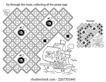 Maze or Labyrinth Game. Puzzle. Coloring Page Outline Of Cartoon pirate on pirate ship or sailboat with black sails. Coloring Book for kids.