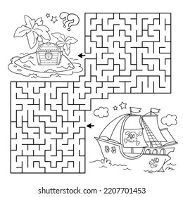 Juego de laberinto o laberinto. Rompecabezas. Esbozo de la página de Colores del barco pirata de dibujos animados con isla del tesoro. Libro de colorear para niños.