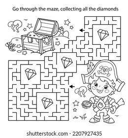 Maze or Labyrinth Game. Puzzle. Coloring Page Outline Of cartoon little pirate with treasure chest. Coloring book for kids.