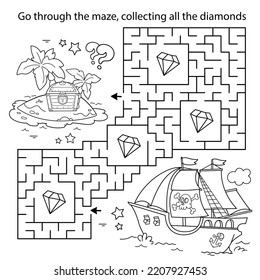 Maze oder Labyrinth Game. Rätsel. Farbige Seite Umriss von Cartoon Piratenschiff mit Schatzinsel. Farbbuch für Kinder.