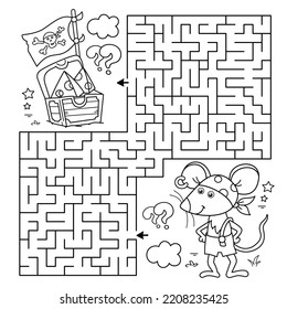 Maze or Labyrinth Game. Puzzle. Coloring Page Outline Of Cartoon little pirate mouse with chest of treasure. Cheese trove. Coloring Book for kids.