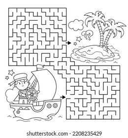 Maze or Labyrinth Game. Puzzle. Coloring Page Outline Of cartoon sail ship with sailor. Sea travelling. Coloring book for kids. 