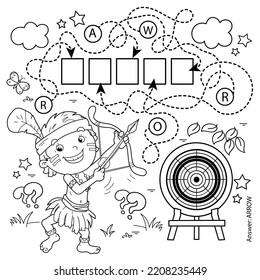 Maze or Labyrinth Game. Puzzle. Coloring Page Outline Of cartoon cheerful boy indian with bow for shooting and arrow and with target. Coloring Book for kids.