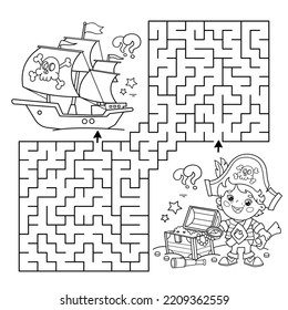 Maze or Labyrinth Game. Puzzle. Coloring Page Outline Of Cartoon pirate with chest of treasure. Pirate ship. Coloring Book for kids.