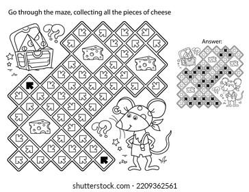 Maze or Labyrinth Game. Puzzle. Coloring Page Outline Of Cartoon little pirate mouse with chest of treasure. Cheese trove. Coloring Book for kids.
