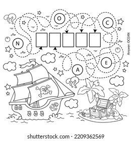 Maze or Labyrinth Game. Puzzle. Coloring Page Outline Of cartoon pirate ship with treasure island. Coloring book for kids.