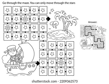 Maze or Labyrinth Game. Puzzle. Coloring Page Outline Of cartoon sail ship with sailor. Sea travelling. Coloring book for kids. 