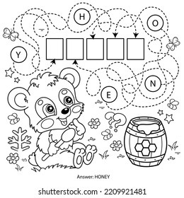 Maze or Labyrinth Game. Puzzle. Coloring Page Outline Of cartoon little bear cub with barrel of honey. Coloring book for kids.