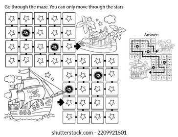 Juego de laberinto o laberinto. Rompecabezas. Esbozo de la página de Colores del barco pirata de dibujos animados con isla del tesoro. Libro de colorear para niños.