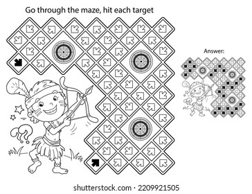 Maze or Labyrinth Game. Puzzle. Coloring Page Outline Of cartoon cheerful boy indian with bow for shooting and arrow and with target. Coloring Book for kids.