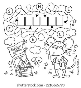 Maze or Labyrinth Game. Puzzle. Coloring Page Outline Of Cartoon little pirate mouse with chest of treasure. Cheese trove. Coloring Book for kids.