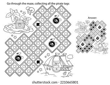 Maze oder Labyrinth Game. Rätsel. Farbige Seite Umriss von Cartoon Piratenschiff mit Schatzinsel. Farbbuch für Kinder.