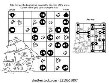 Maze or Labyrinth Game. Puzzle. Coloring Page Outline Of cartoon pirate ship with treasure island. Coloring book for kids.