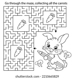 Maze or Labyrinth Game. Puzzle. Coloring Page Outline Of cartoon cute bunny or rabbit with carrot and cabbage. Coloring Book for kids.
