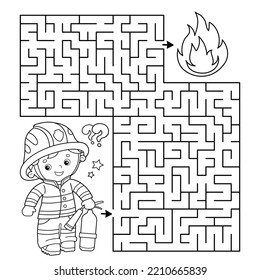 Maze or Labyrinth Game. Puzzle. Coloring Page Outline Of cartoon fireman or firefighter with a extinguisher. Fire fighting. Coloring book for kids.