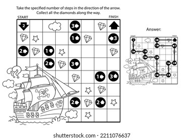 Maze oder Labyrinth Game. Rätsel. Farbige Seite Umriss von Cartoon Piratenschiff mit Schatzinsel. Farbbuch für Kinder.