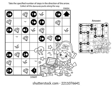 Maze or Labyrinth Game. Puzzle. Coloring Page Outline Of cartoon little pirate with treasure chest. Coloring book for kids.