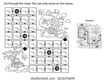 Maze or Labyrinth Game. Puzzle. Coloring Page Outline Of Cartoon pirate on pirate ship or sailboat with black sails. Island of treasure. Coloring Book for kids.
