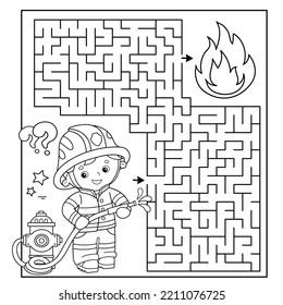 Maze oder Labyrinth Game. Rätsel. Farbseite Umriss von Cartoon Feuerwehrmann oder Feuerwehrmann mit Hydranten. Brandbekämpfung. Farbbuch für Kinder.