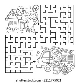 Maze oder Labyrinth Game. Rätsel. Farbseite Umriss von Cartoon Feuerwehrmann oder Feuerwehrmann mit Feuerwehrwagen. Brandbekämpfung. Farbbuch für Kinder.