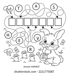 Juego de laberinto o laberinto. Rompecabezas. Esbozo de página de color de caricatura lindo conejo o conejo con una lata de riego y con zanahoria y col. Libro de Colores para niños.