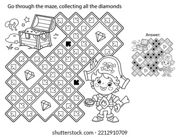 Maze or Labyrinth Game. Puzzle. Coloring Page Outline Of cartoon little pirate with treasure chest. Coloring book for kids.