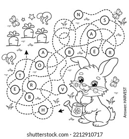 Maze oder Labyrinth Game. Rätsel. Farbige Seite Umriss von Cartoon süße Hasen oder Kaninchen mit einer Wasserdose und mit Karotten und Kohl. Farbbuch für Kinder.