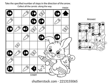 Maze or Labyrinth Game. Puzzle. Coloring Page Outline Of cartoon cute bunny or rabbit with carrot and cabbage. Coloring Book for kids.